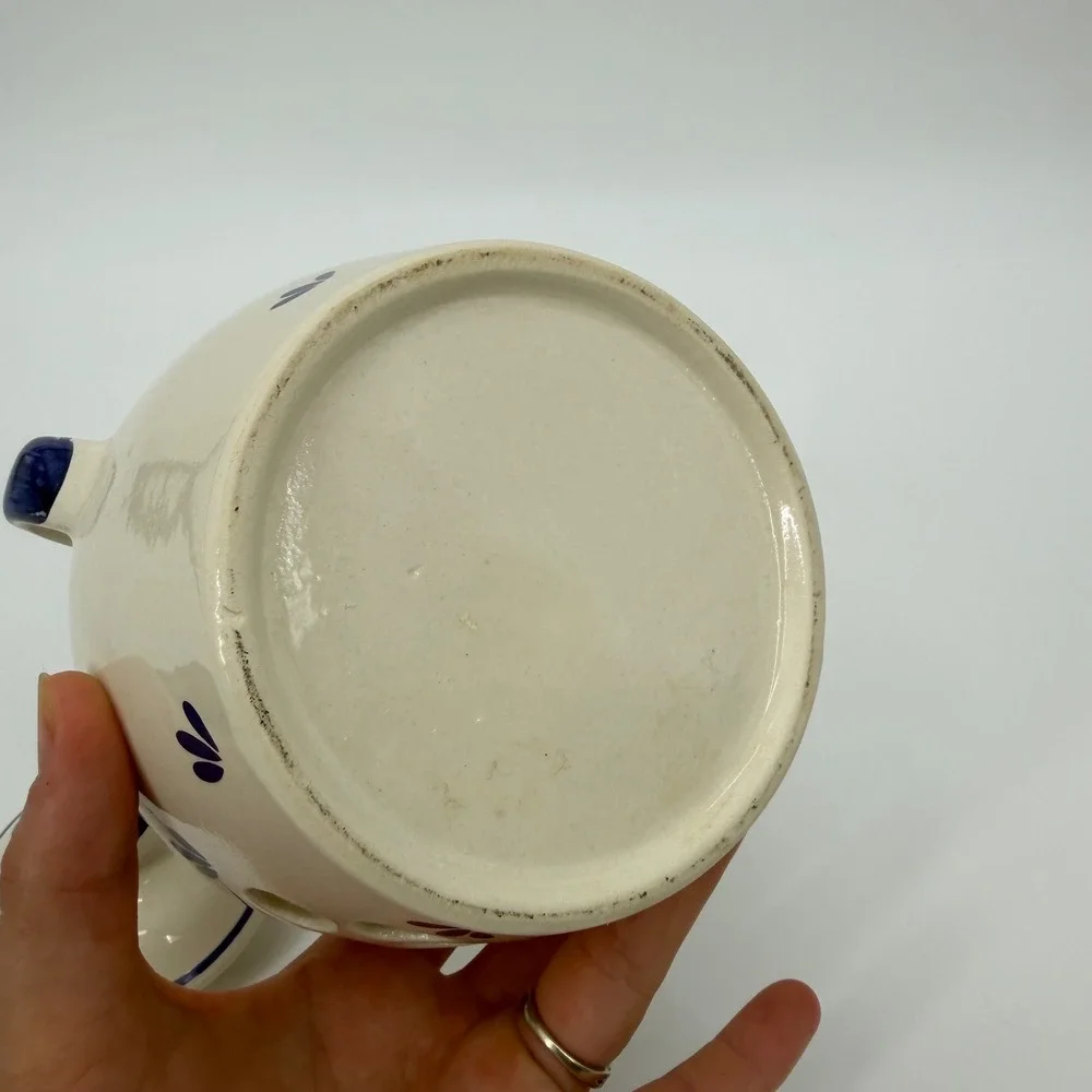 Ceramic Garlic Keeper Hand Painted Blue Floral Cream Stoneware Jar with Lid